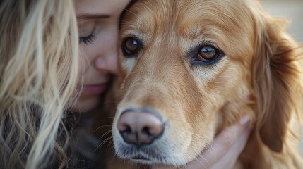Aufkleber - Veterinarian looking into a dog's eyes while comforting it during a routine exam Stock Photo with side copy space