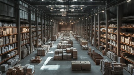 Aufkleber - An Expansive Warehouse Interior with Rows of Pallets and Shelves Filled with Goods