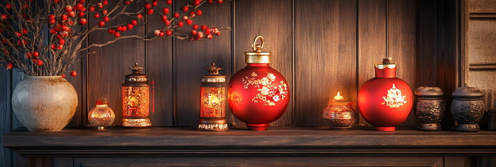 Wall Mural - A beautifully decorated fireplace mantle featuring red and gold decorations, including lanterns and auspicious symbols, a warm ambiance for family gatherings. Wide horizontal Chinese new year banner