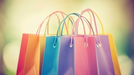 Wall Mural - A collection of colorful shopping bags with handles, arranged together in a soft-focus background.