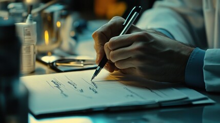 Poster - A Close-up of a Doctor's Hand Writing Notes on a Form