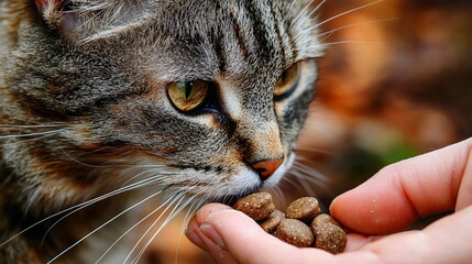 Poster - Veterinarian offering treats to a calm cat during a routine checkup to build trust Stock Photo with side copy space