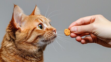 Poster - Veterinarian offering treats to a calm cat during a routine checkup to build trust Stock Photo with side copy space