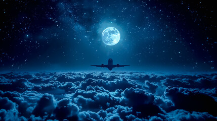 airplane flying in night sky over the clouds, passenger jet commercial plane in starry night.