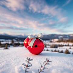 Wall Mural - three red christmas decoration baubles with ribbon bow isolated on white background christmas tree h
