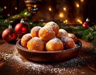 Wall Mural - A plate of golden-brown donuts dusted with powdered sugar, surrounded by festive Christmas decorations