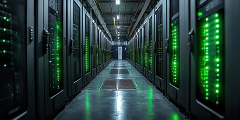 Poster - Modern data center featuring rows of servers with green LED lights illuminated in a high-tech environment