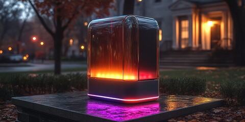 Poster - Modern light installation illuminates a park at dusk, showcasing vibrant colors and reflections on stone surface