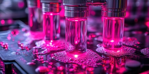 Poster - Colorful laboratory setup showcasing bright pink liquids in glass vials under illuminated conditions during a scientific experiment