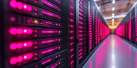 Poster - High-tech data center with illuminated servers in vibrant pink hue
