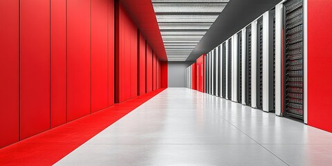 Poster - Modern data center corridor featuring red and gray design elements and rows of servers
