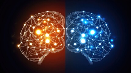 Poster - Abstract representation of human brain connections in contrasting colors, showcasing the neural network with vibrant lights and nodes, symbolizing cognitive activity and thought processes