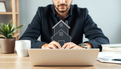 Poster - Real Estate Investment Analysis: Understanding Mortgage Loans and Insurance with Laptop and House Icon for Strategic Financial Planning