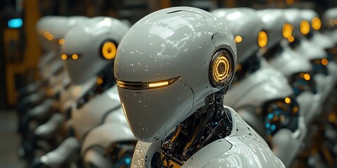 Poster - Robotic assembly line showcasing advanced humanoid robots in a modern manufacturing facility