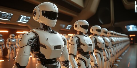 Poster - Robots stand in formation inside a futuristic facility illuminated by orange lights during a technology demonstration
