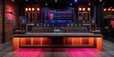 Poster - Modern music studio with advanced mixing console and ambient lighting features vibrant creative space