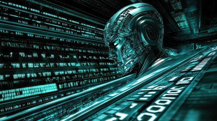 Poster - Futuristic Cybernetic Human Profile with Circuit Patterns and Digital Elements in a Neon Environment Showcasing Advanced Technology and Artificial Intelligence Concepts