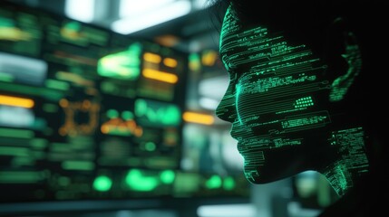 Poster - Abstract depiction of a woman's profile with glowing green digital code projected on her face, set against a futuristic control room filled with data screens