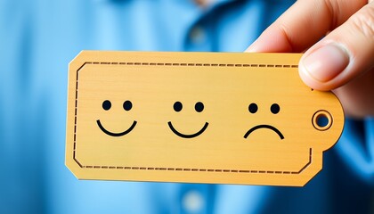 Poster - Wooden Labels Featuring Happy, Neutral, and Sad Face Icons for Experience Survey Services and Product Review Concepts, Perfect for Measuring Customer Satisfaction Ratings