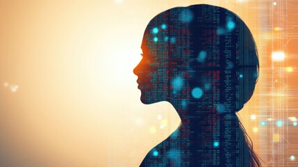 Poster - Silhouette of a Woman with Digital Data Overlay Representing Technology, Innovation, and the Intersection of Humanity and Artificial Intelligence in a Bright Background