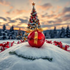 Wall Mural - christmas ornament isolated on white background red christmas ball with gold ribbon christmas tree h