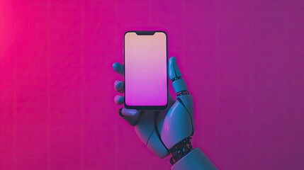 Poster - Futuristic Hand Holding a Smartphone Against a Vibrant Gradient Background in Pink and Purple Colors, Representing Technology and Innovation