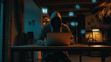 Aufkleber - Mysterious figure in hoodie typing on laptop in dark room with floating icons of multimedia content, representing digital security and online activity concepts