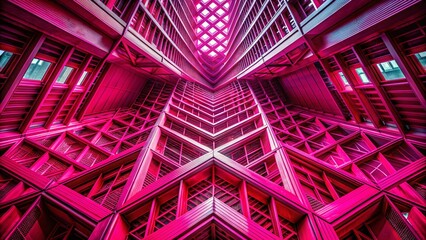 Poster - Stunning Magenta Red Abstract Architectural Design with Complex Geometrical Patterns for Captivating Backgrounds in Modern Art and Interior Spaces