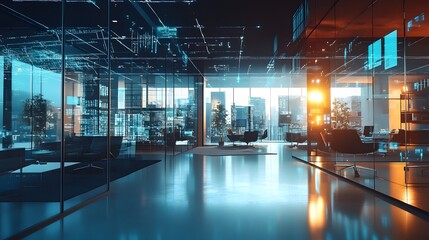 Poster - A modern office where blockchain infrastructure for logistics is visualized through AR systems. 4k resolution, Cinematic Scene