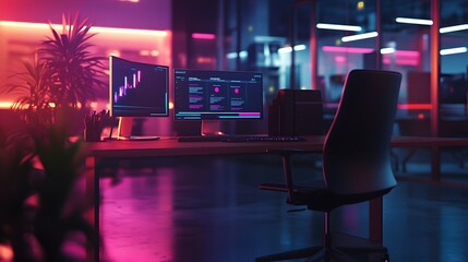 Poster - A futuristic workspace featuring 3D glowing level-up indicators for employee productivity with 2D visualized rewards systems. 4k resolution, Cinematic Scene