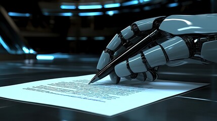 Poster - Futuristic Robotic Hand Holding Pen Writing on Paper in High-Tech Environment, Digital Concept of Technology, AI and Automation Advancements