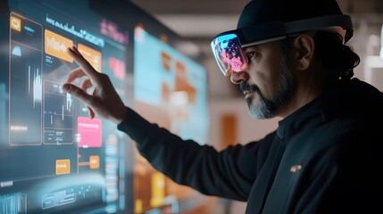 Poster - A professional engaging with a 3D holographic task board featuring gamified challenges and 2D motivational insights. 4k resolution, Cinematic Scene