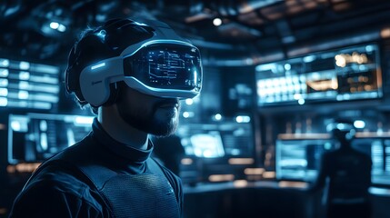 Aufkleber - A hybrid workspace integrating wearable devices with 3D glowing performance challenges and 2D team collaboration metrics. 4k resolution, Cinematic Scene