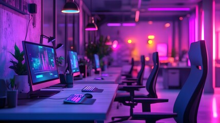 Aufkleber - A vibrant office using 3D glowing competitive gaming apps to enhance teamwork, paired with 2D glowing achievement reports. 4k resolution, Cinematic Scene