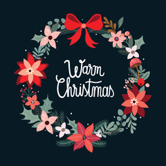 Wall Mural - christmas greeting card with floral wreath, decorative invitation with seasonal flowers and plants, 