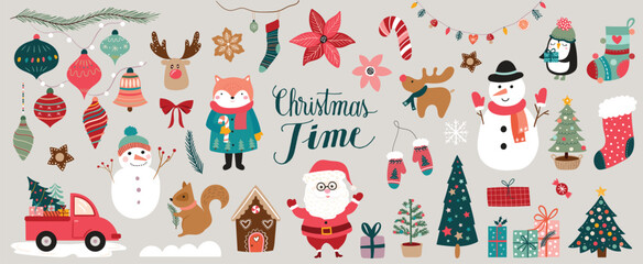 Wall Mural - christmas time elements collection with seasonal holidays design, cute characters, winter decoration