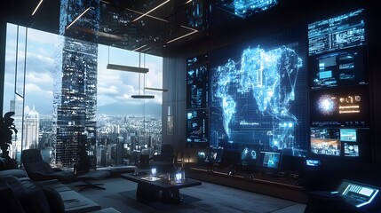 Aufkleber - A hybrid coworking hub showcasing AI-powered wearables projecting 3D glowing productivity stats and 2D real-time updates. 4k resolution, Cinematic Scene