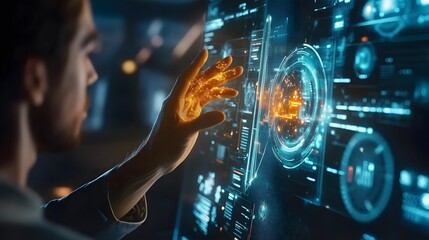 Poster - A professional interacting with an AI-powered holographic assistant managing 3D glowing resource allocation visuals and 2D live updates. 4k resolution, Cinematic Scene