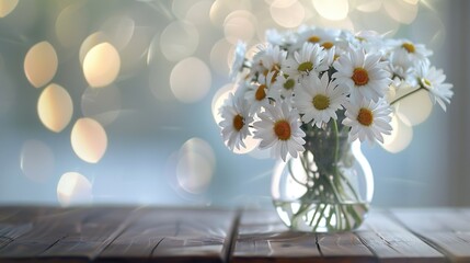 Wall Mural - A simple still life setup featuring a vase filled with white flowers on top of a wooden table