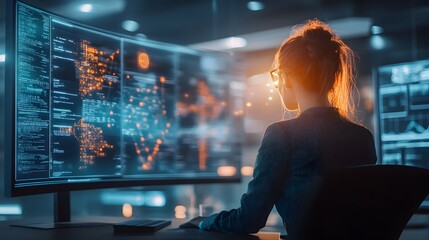 Poster - A futuristic workspace where AI-generated 3D glowing data flows complement 2D task execution guides for enhanced productivity. 4k resolution, Cinematic Scene