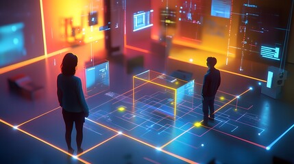 Aufkleber - A professional presenting AI-generated 3D glowing team alignment pathways complemented by 2D actionable task markers. 4k resolution, Cinematic Scene