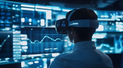 Poster - A futuristic training room where professionals wear VR headsets projecting 3D interactive models with 2D live performance metrics. 4k resolution, Cinematic Scene