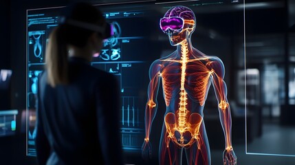 Poster - A collaborative AR/VR training lab featuring 3D glowing anatomy models for healthcare development paired with 2D task summaries. 4k resolution, Cinematic Scene