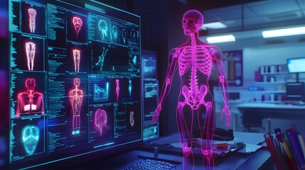 Poster - A collaborative AR/VR training lab featuring 3D glowing anatomy models for healthcare development paired with 2D task summaries. 4k resolution, Cinematic Scene