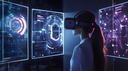 Poster - A minimalist training lab where employees explore 3D glowing project designs in VR, with 2D task evaluations. 4k resolution, Cinematic Scene