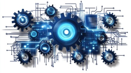 Poster - Abstract representation of interconnected gears and digital circuits symbolizing technology, innovation, and the future of automation and engineering in a futuristic design