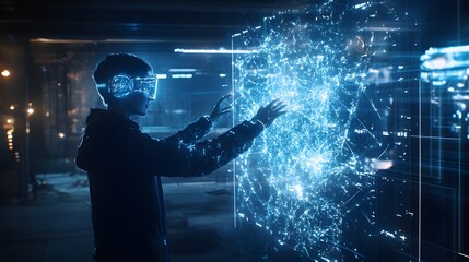 Aufkleber - A hybrid professional using AR devices to interact with 3D glowing team-building activities and 2D feedback animations. 4k resolution, Cinematic Scene