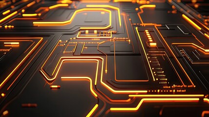 Poster - Vibrant Digital Circuit Board with Glowing Orange Lines Representing Advanced Technology and Connectivity in a Modern Electronic Background