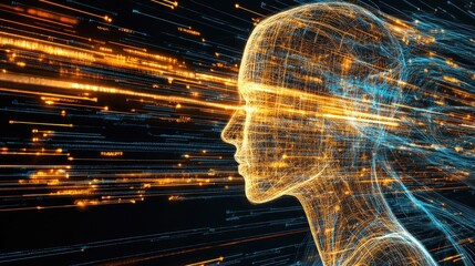 Poster - Futuristic Concept of Human Silhouette with Flowing Particles Representing Speed, Technology, and Digital Transformation in a Vibrant Neon Color Scheme
