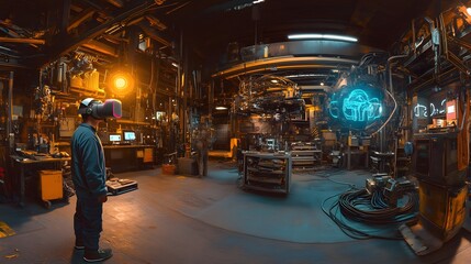 Aufkleber - A VR development program where participants complete 3D immersive repair tasks supported by 2D glowing metrics. 4k resolution, Cinematic Scene